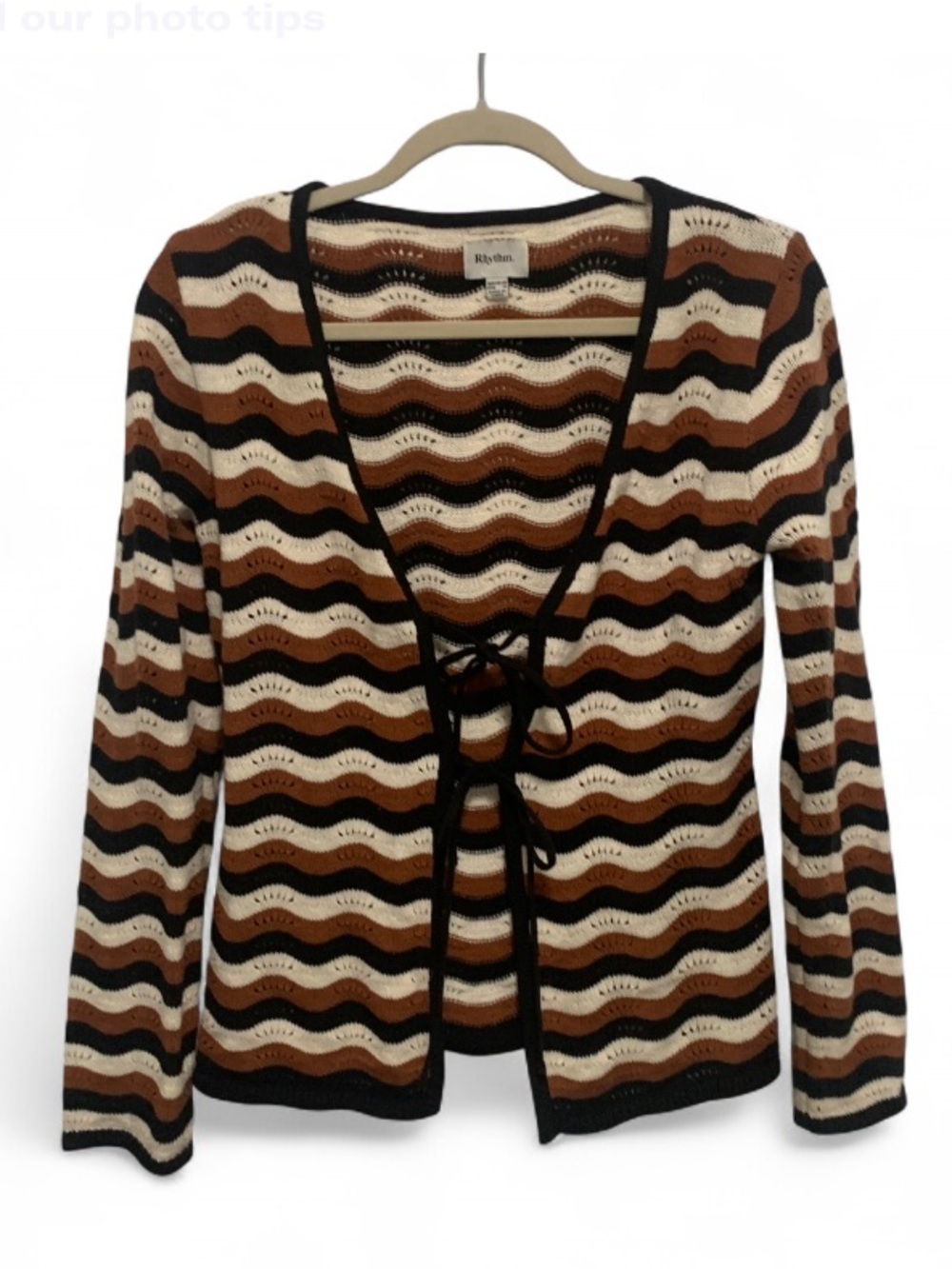 Rhythm Wavy Striped Tie-Front Cardigan in Black, Brown & Cream